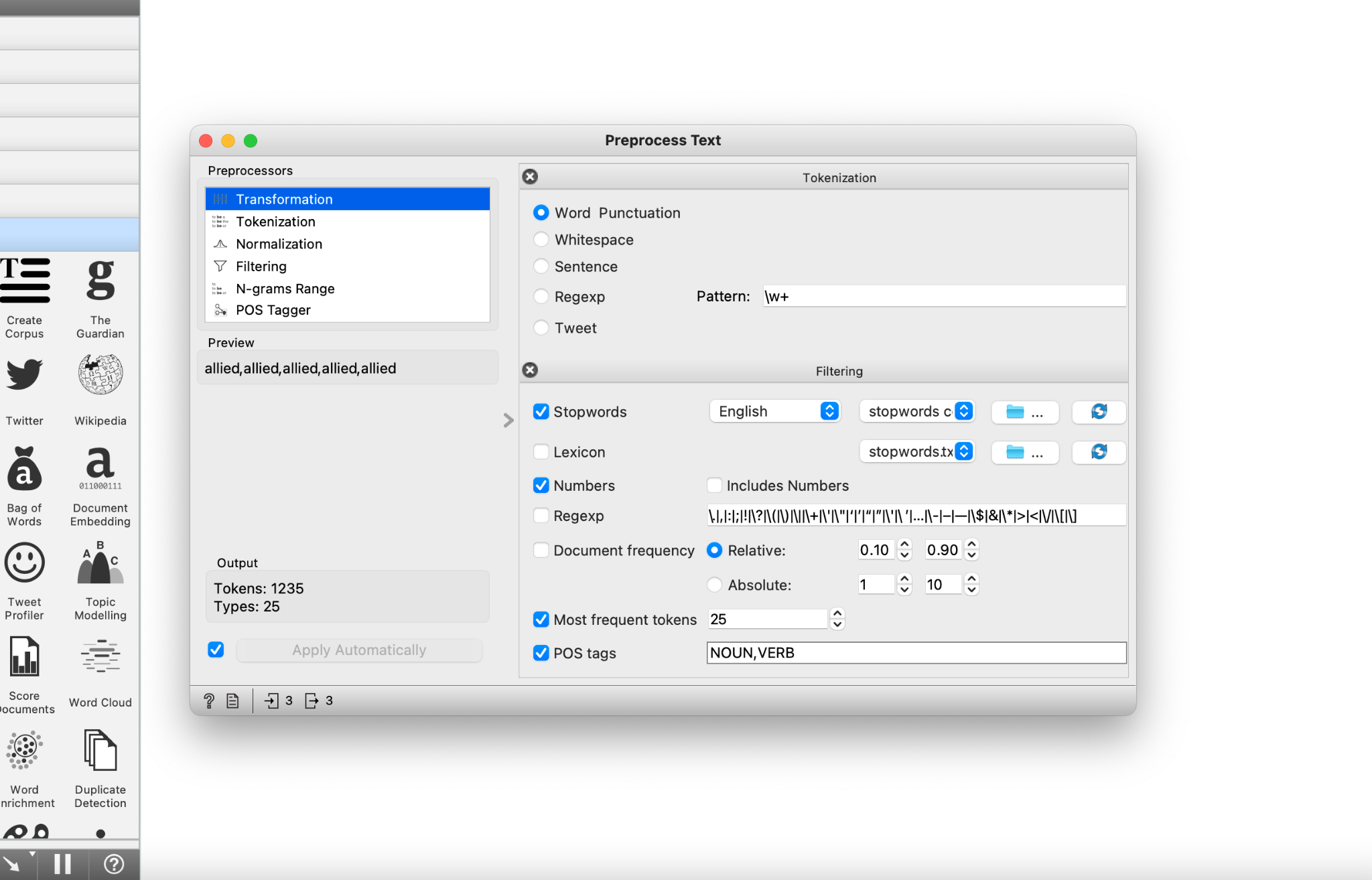 preprocess text widget dialog